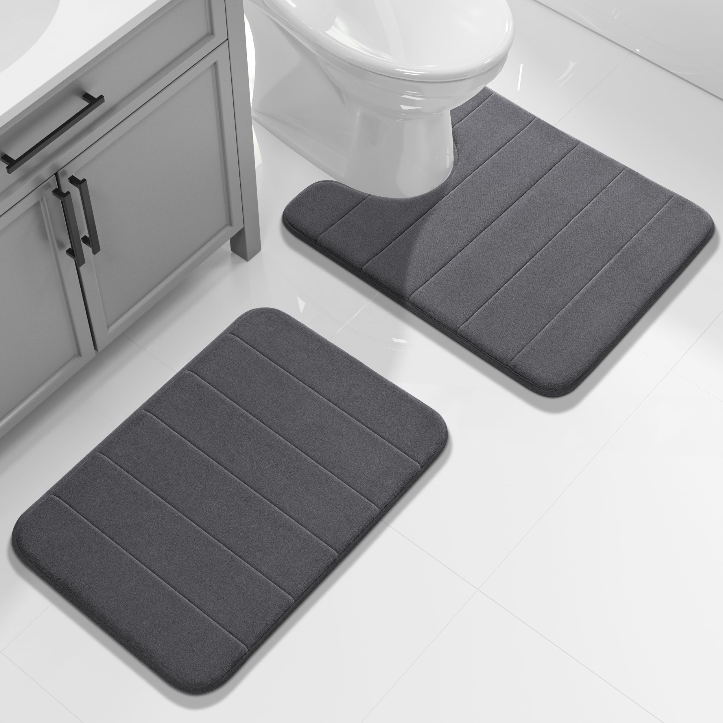 Yimobra Memory Foam Bath Mat Set, 2 Pieces Soft Bathroom Rugs, 43 x 61cm Bathroom Mats and U-Shaped Toilet Mats, Water Absorption, Non Slip, Thick, Dry Fast for Bathroom Floor Mats, Dark Grey