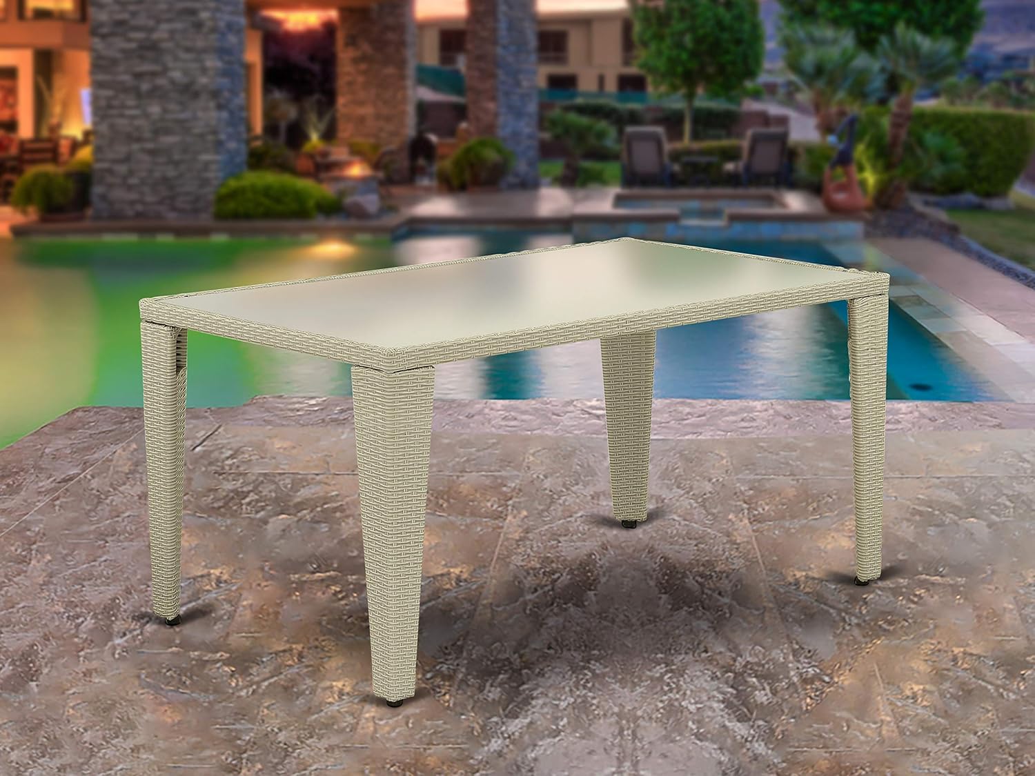 East West Furniture GUJU703A 7Pc Outdoor Natural Color Wicker Dining Set Includes a Patio Table and 6 Balcony Backyard Armchair with Linen Fabric Cushion: Furniture & Decor