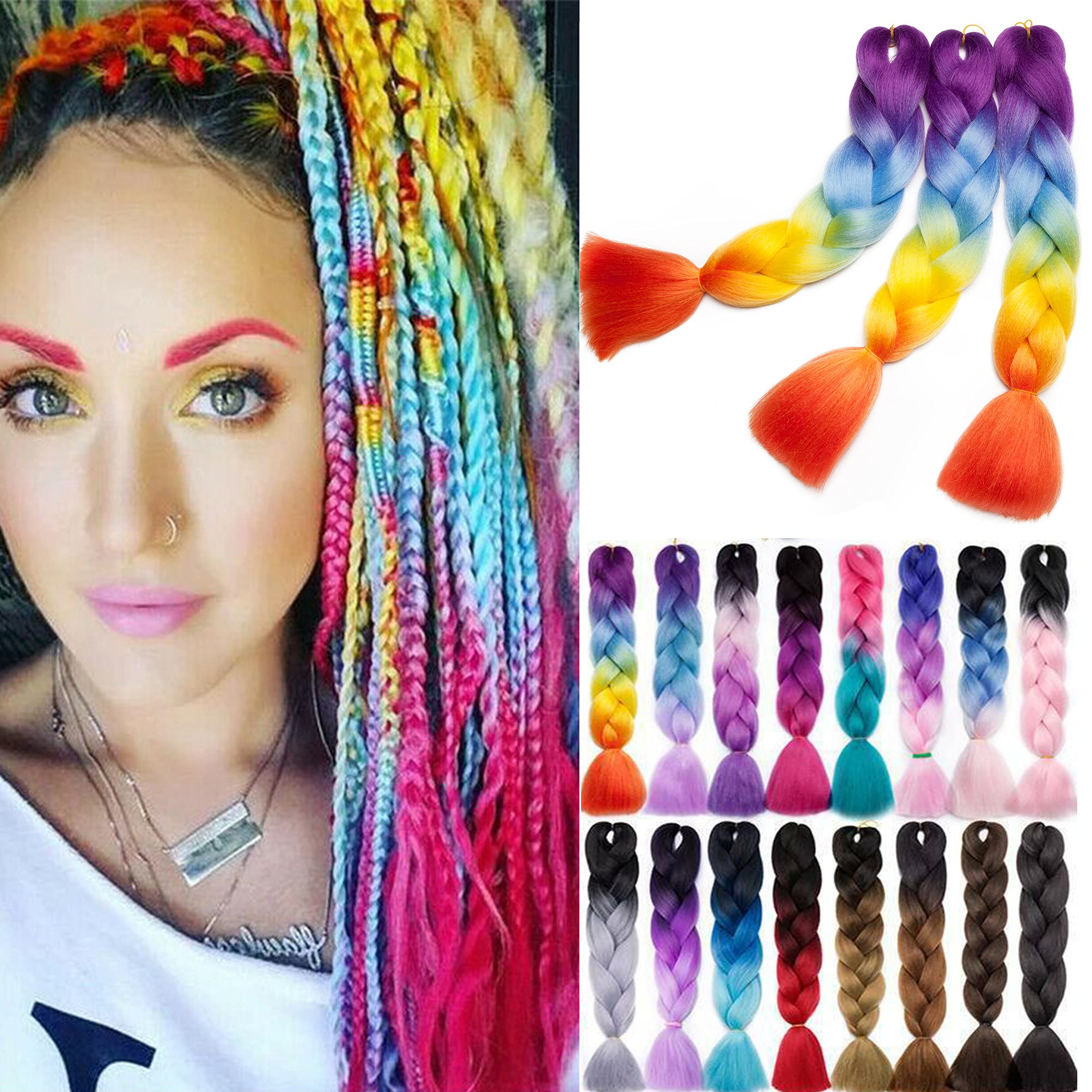 Jumbo Braiding Hair 24 inch Ombre Braid Hair Extensions Jumbo Box Braids Crochet Hair Long Rainbow Colorful for Women Kids DIY Synthetic Fiber 5 Bundles Purple to Blue to Yellow to Orange