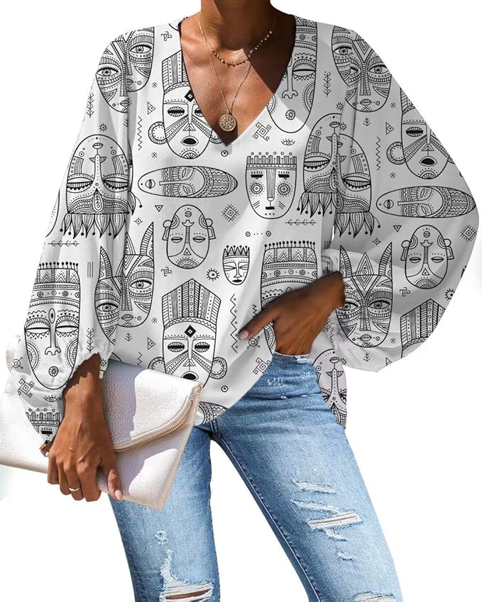 Angerella Women's Print on Demand Tops Lantern Sleeves V-Neck Shirts African Style Blouse for 