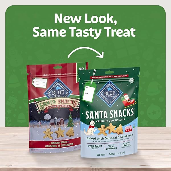 BLUE BUFFALO SANTA SNACKS CRUNCHY DOG BISCUITS, OVEN-BAKED WITH NATURAL INGREDIENTS, OATMEAL & CINNAMON, 11-OZ BAG