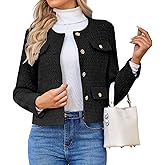 HUEOBIR Women's Tweed Blazers Jackets Casual Long Sleeve Button Down Business Short Casual Cropped Coats