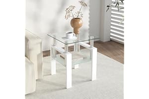 IANIYA Modern Glass End Table, 2-Tier Side Table with Tempered Glass Top & Metal Legs, Night Stand Corner for Living Room, Bedroom, White