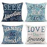 Taysta Set of 4 Linen Throw Pillow Cover Seek Adventure Explore New Places Wander Wonder Love Journey Decorative Pillow Cases Covers Home Decor Square 18 x 18 Inches Pillowcases