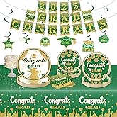 2025 Graduation Party Decorations – Green Graduation Party Dinnerware Set for 25 Guests, Includes Plates, Napkins, Tablecloth, Banner, Hanging Swirls – Grad Supplies Kit