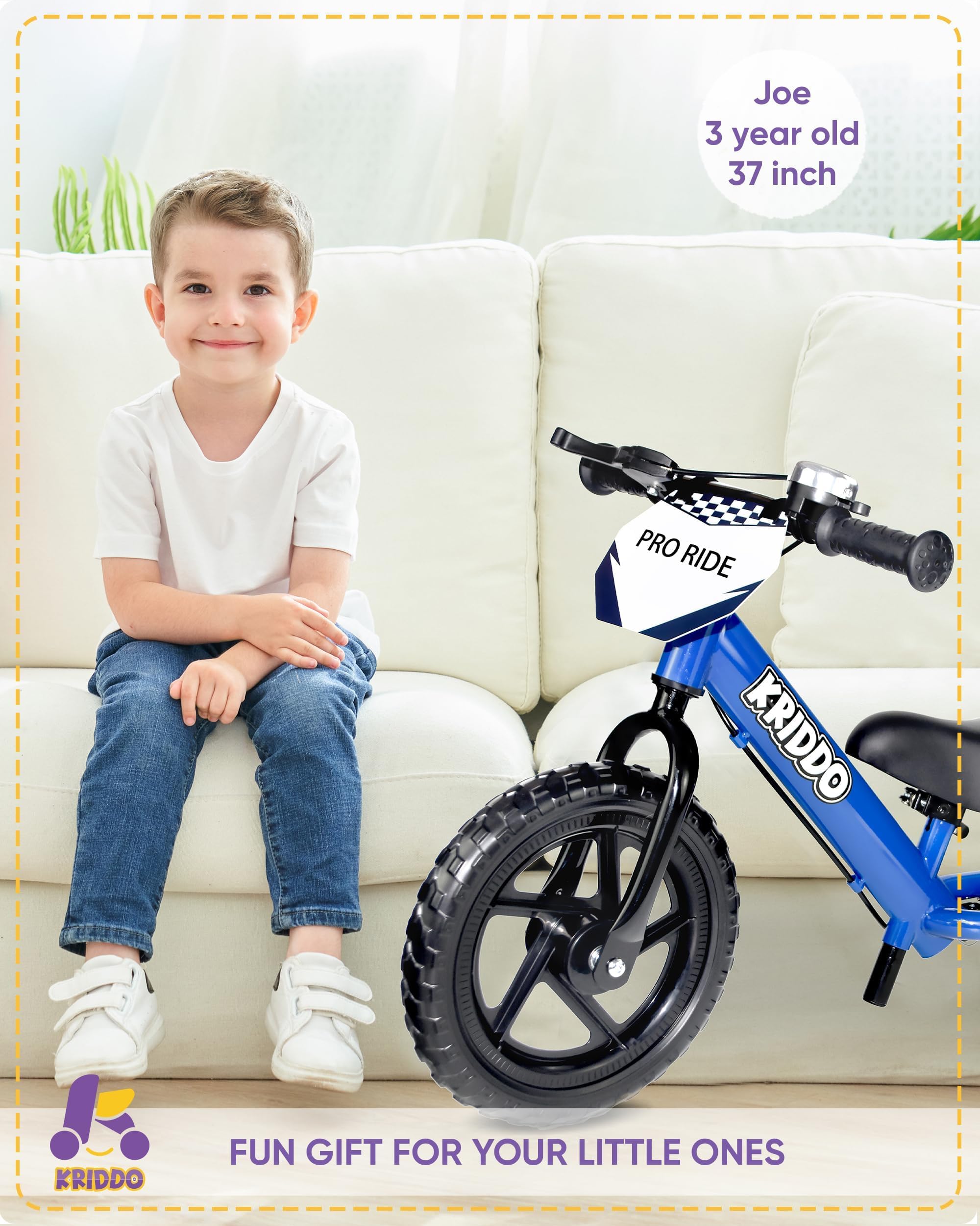 KRIDDO Pro Toddler Balance Bike 2+ Year Old with Hand Brake and Kickstand, 12 Inch Push Bicycle, Gift Bike for 2-5 Boys Girls, Blue