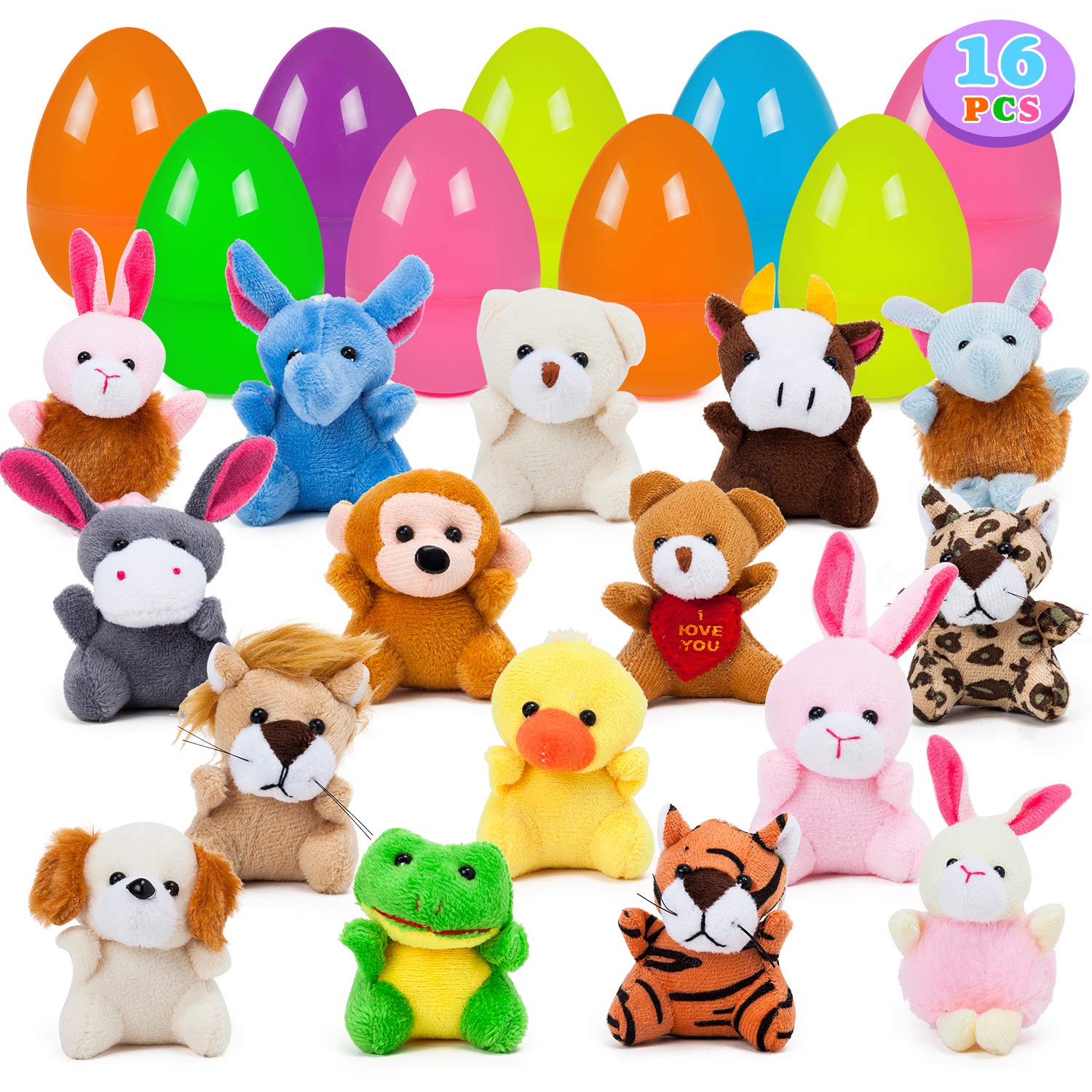 YIHONG 16 Pack Prefilled Easter Eggs with Animal Plush, 3.14Inch