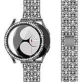 G-ficu Diamond Band Compatible with Samsung Galaxy Watch 4 5 FE Band-40mm with Screen Protector Case, 20mm Quick Release Women Bling Metal Watch 5 4 FE Band & Protect Cover Case-Black