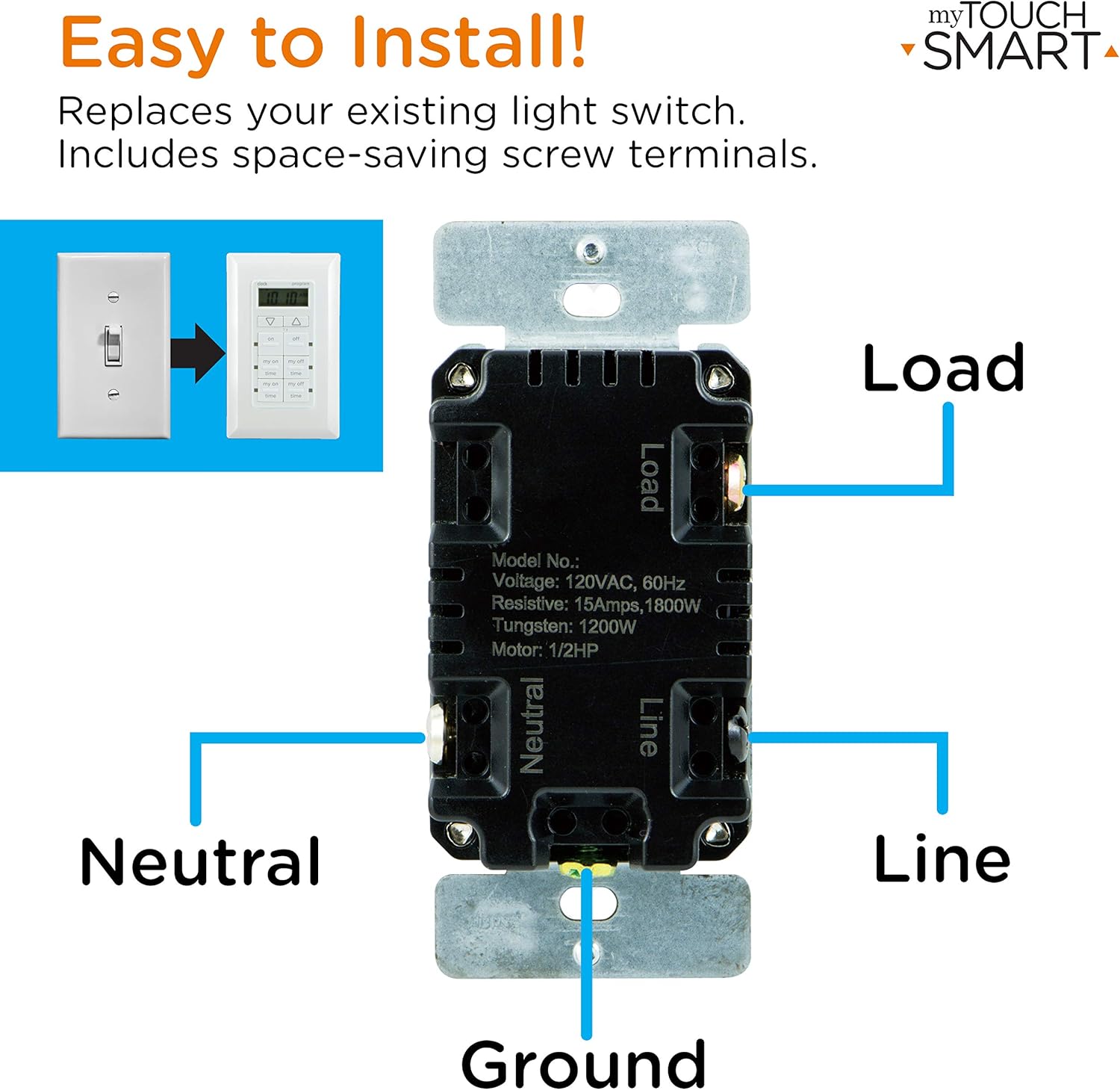 myTouchSmart In-Wall Digital Timer, 4 Programmable On/Off Buttons, 2 Easy On/Off Buttons, 24 Hour Daily Cycles, Blue LED Indicators, with Battery Backup, for Indoor/Outdoor Lights, Fans, 26893 - - 