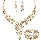 CSY Elegant Crystal Costume Jewelry Sets Flower Bridal Necklace Earrings Stretch Bangle Set for Bride Bridesmaid Wedding Dress Accessories