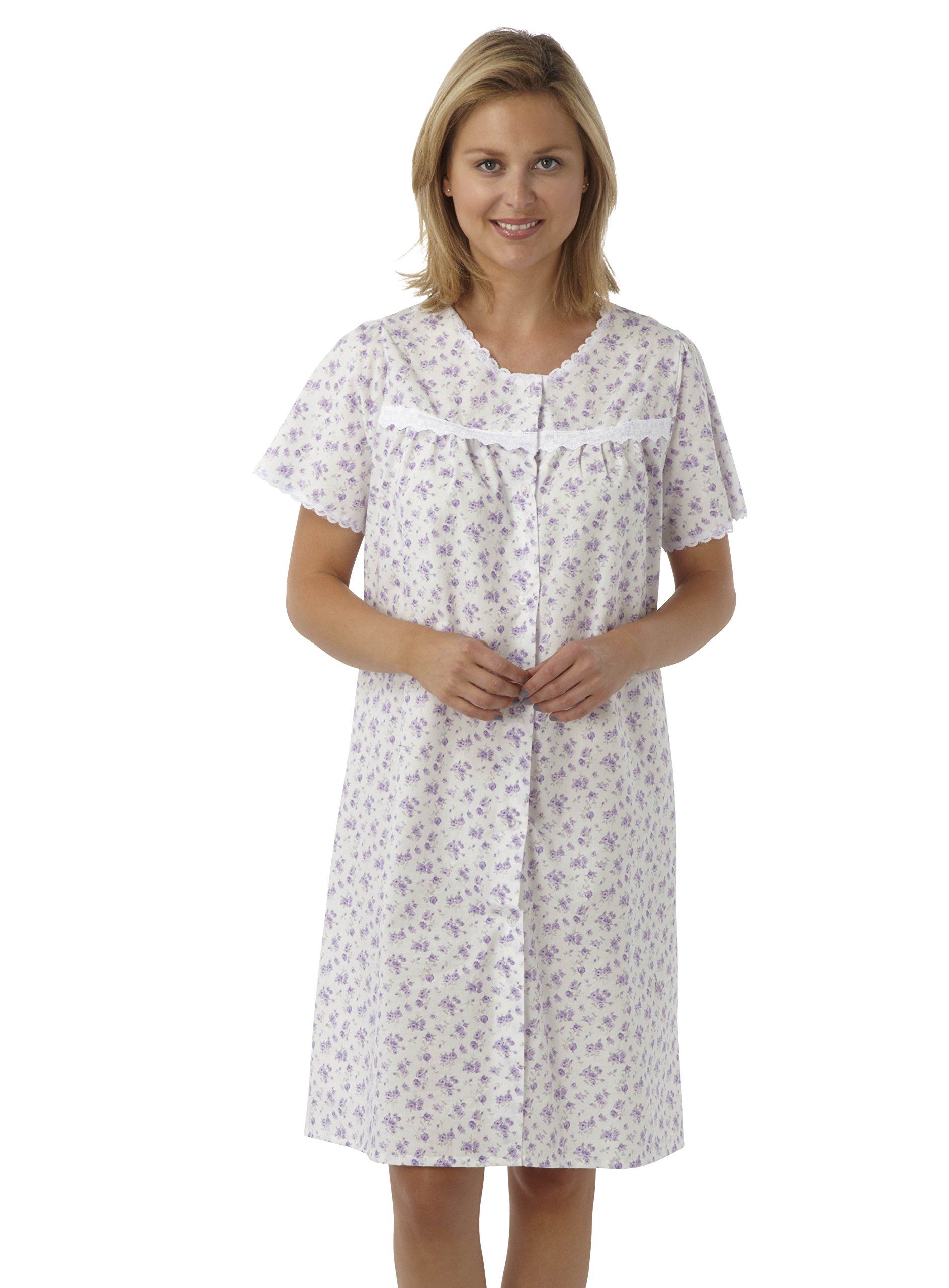 Marlon Ladies Short Sleeved Poly/Cotton Button Through Coat Nightdress. Blue Pink or Lilac Floral. Sizes 10-12 12-14 16-18 20-22 24-26 28-30 (10-12, Lilac)