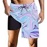 Mens Swim Trunks with Compression Liner Quick Dry 2 in 1swim Shorts Bathing Suits for Beach Rave