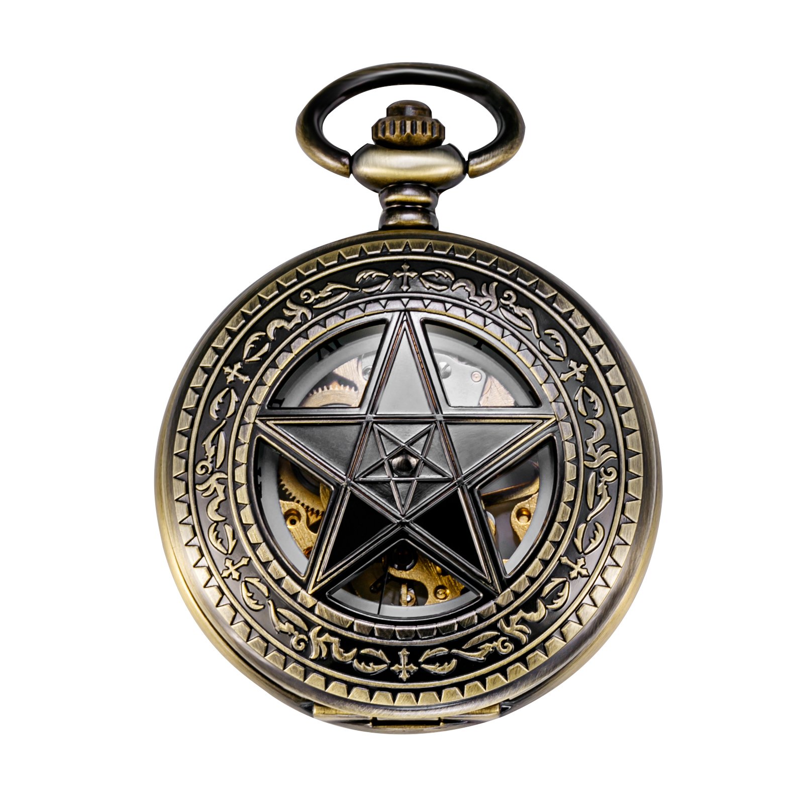 TREEWETO Hollow Mechanical Men's Pocket Watch Five-Pointed Star Skeleton Bronze Roman Numerals