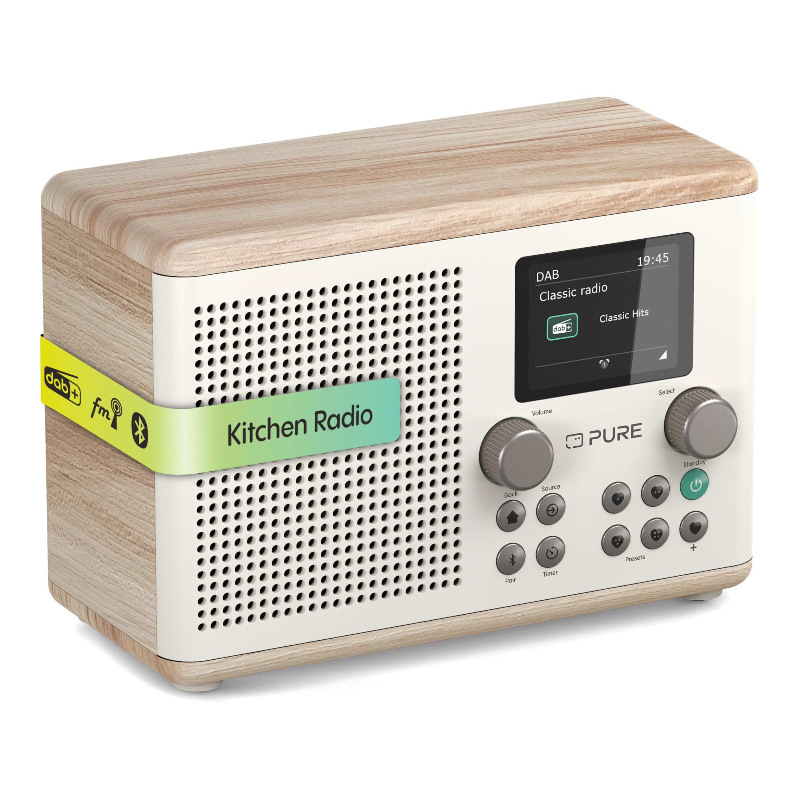 Pure Classic H4 Digital Kitchen Radio (DAB+/FM, Bluetooth, USB, AUX, Kitchen Timer, Alarm), Cotton White/Oak
