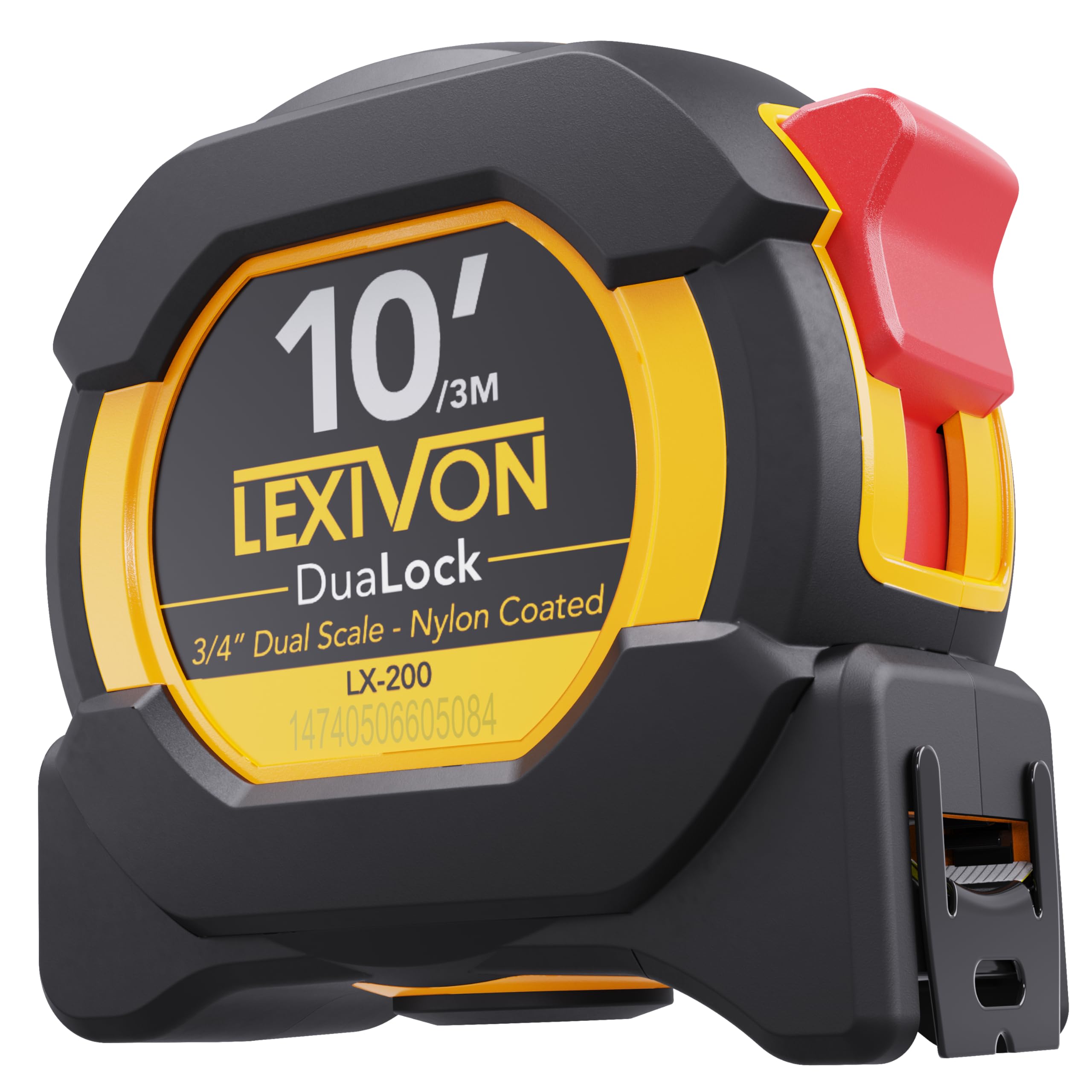 LEXIVON 10Ft/3m DuaLock Tape Measure | 3/4-Inch Wide Blade with Nylon Coating, Matte Finish White & Yellow Dual Sided Rule Print | Ft/Inch/Fractions/Metric (LX-200)