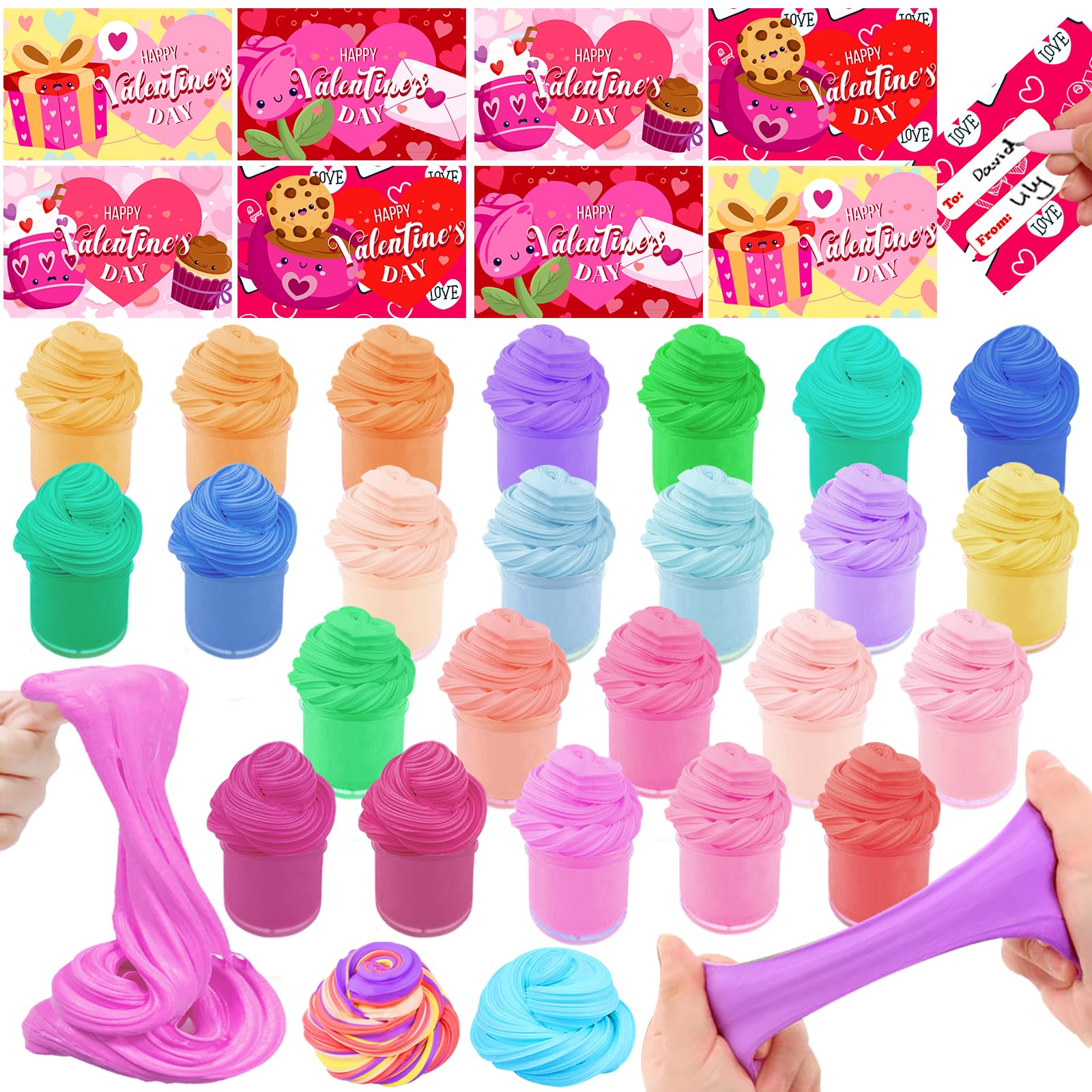 Photo 1 of 24 Pack Valentine's Day Cards with Butter Slime Toys, Valentines Gifts for Kids 24 Soft and Stretchy Slime, Stress Relief Toys Classroom Exchange Gifts, School Game Prizes Party Favor