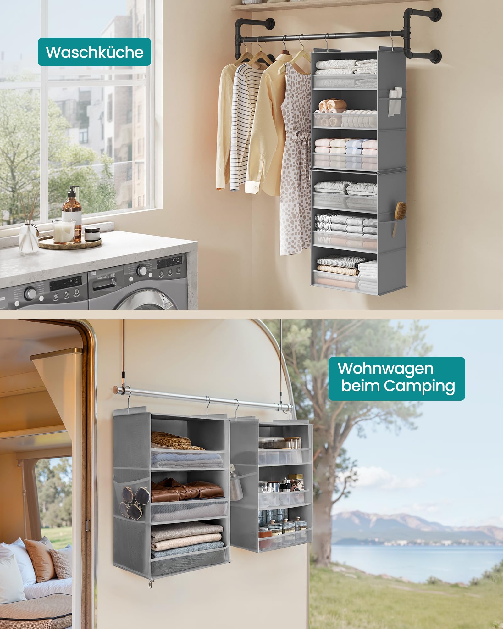 SONGMICS Hängeorganizer, Schrank-Organizer, Hängeregal aufteilbar, Hängeaufbewahrung, faltbar und platzsparend, Metallhaken und Bambus-Einsätze, Taubengrau RCH007G01 6