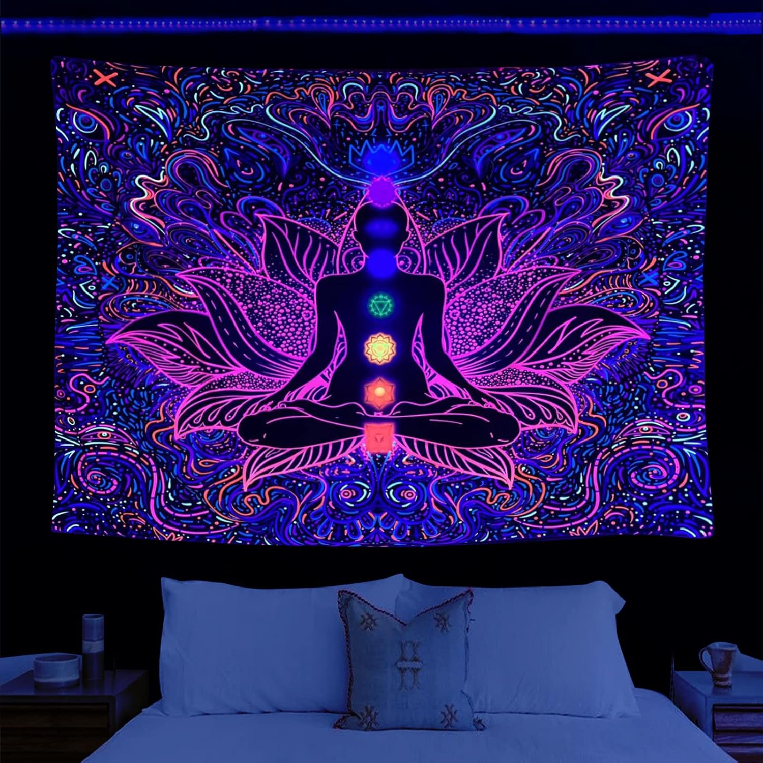 Tapestries - VEEMONIK Blacklight Chakras Tapestry, Spiritual Tapestry Yoga Meditation Hippie Tapestries Wall Hanging, Buddha UV Reactive Tapestry for Bedroom Aesthetic - 51x59 inches