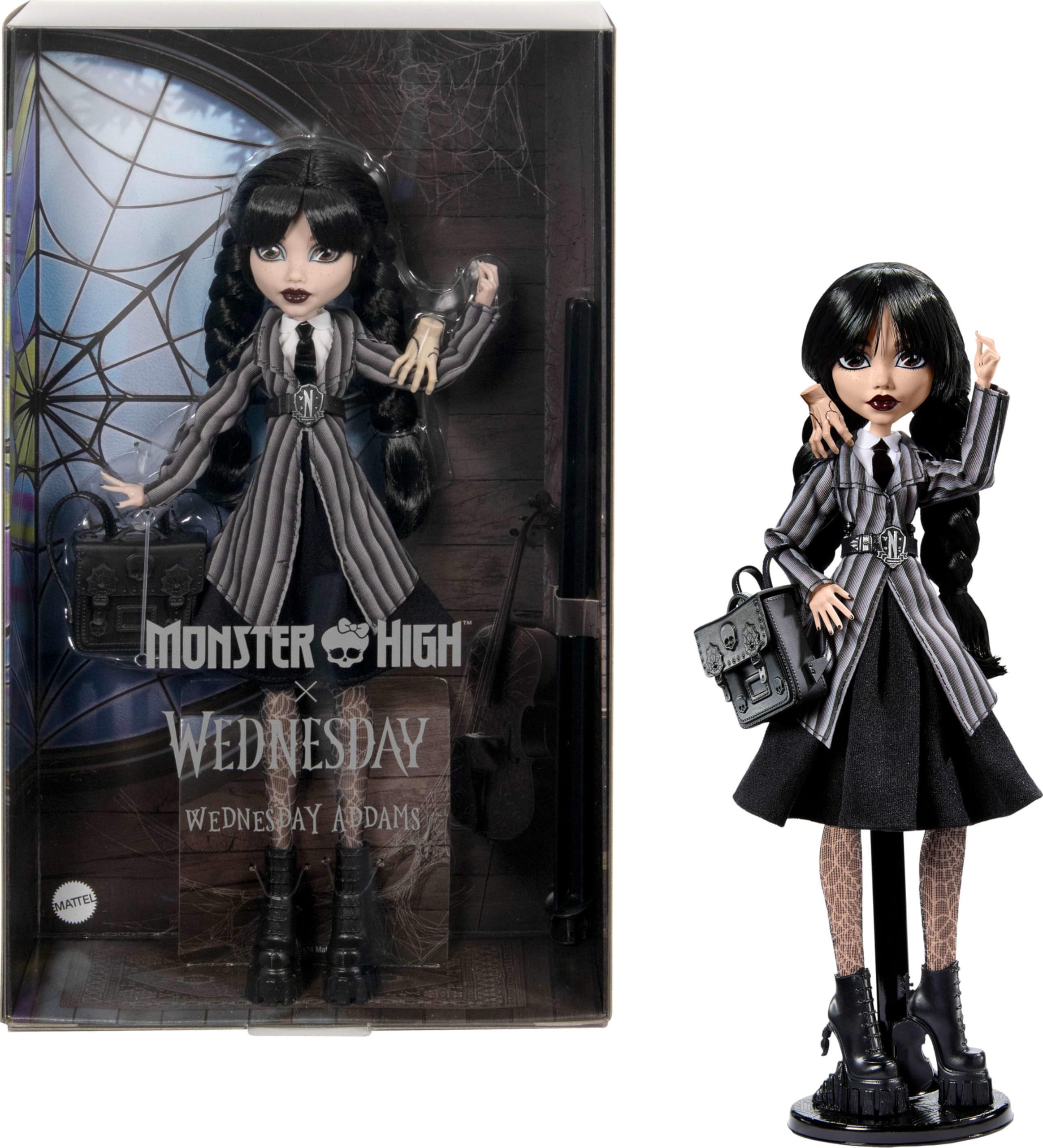 Photo 1 of Monster High Wednesday Doll and Accessories, Wednesday Addams Collectible in Nevermore Academy Uniform with Thing and Backpack, Doll Stand Has a broken leg\