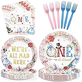 96Pcs Alice Poker Onderland 1st Birthday Party Supplies Alice in Onderland First Birthday Plates and Napkins Disposable Tableware Set for Girls One Year Old Baby Shower Tea Party Decorations Serves 24