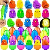 AMENON 24 Pack Prefilled Easter Eggs with Chick LED Puffer Balls,Light Up Stress Relief Fidget Toys Squeeze Sensory Ball for Kids Boys Girls Easter Basket Stuffers Egg Hunt Party Favor Gift