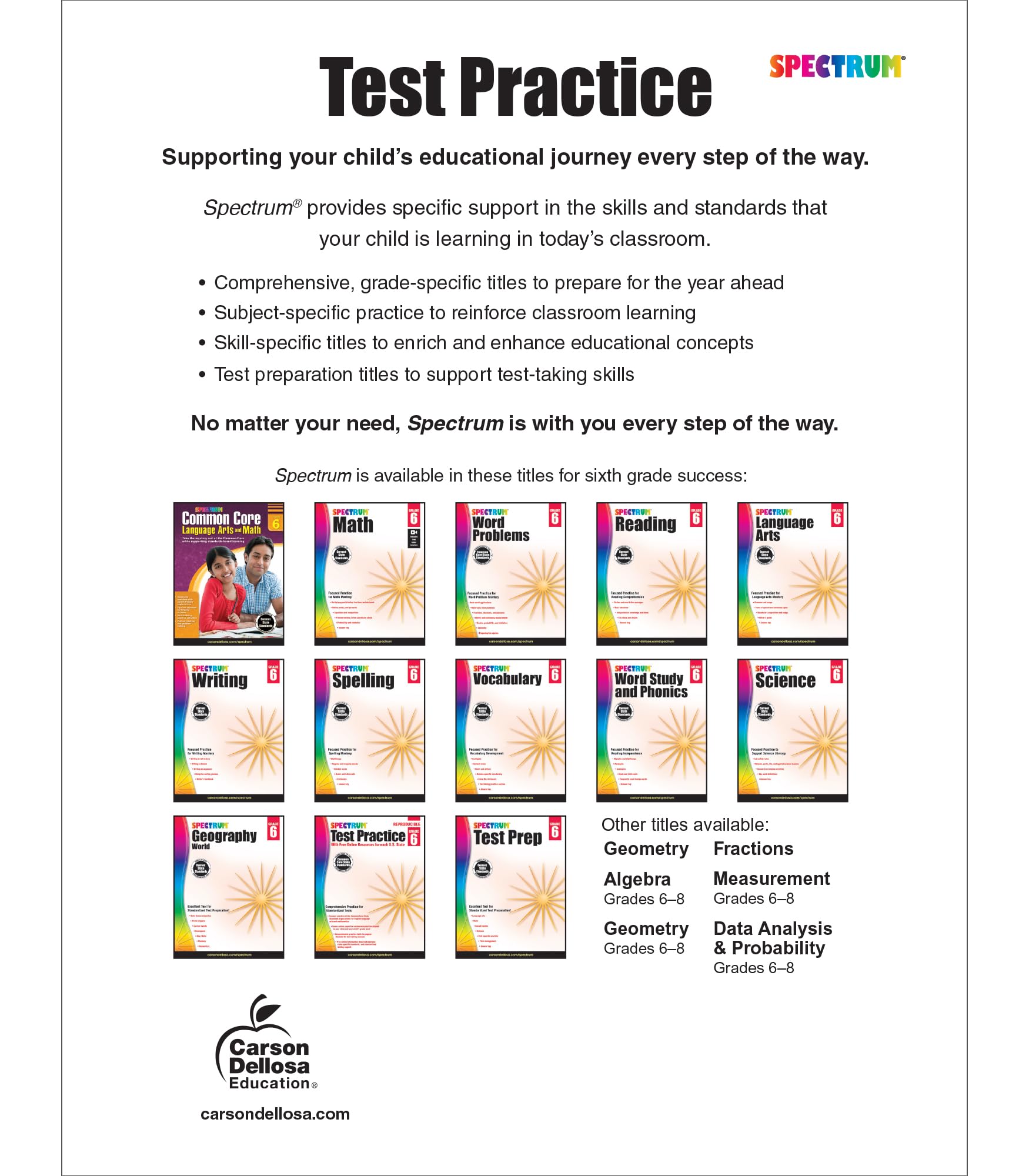 Spectrum Grade 6 Test Practice Workbooks, Ages 10 to 11, Math, Language Arts, and Reading Comprehension 6th Grade Test Practice, Reproducible Book, ... and Math Practice - 160 Pages (Volume 66) Spectrum Grade 6 Test Practice Workbooks, Ages 10 to 11, Math, Language Arts, and Reading Comprehension 6th Grade Test Practice, Reproducible Book, ... and Math Practice - 160 Pages (Volume 66) Paperback