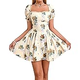 Parthea Women's Floral Square Neck Mini Dress Lace Puff Sleeve Off Shoulder Smocked Flowy A Line Summer Dresses for 2025