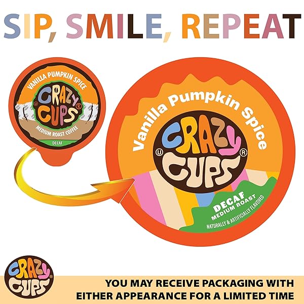 CRAZY CUPS DECAF FLAVORED VANILLA PUMPKIN SPICE COFFEE PODS, RECYCLABLE MEDIUM ROAST SINGLE SERVE FOR KEURIG K MACHINES, BREW HOT OR ICED, 22 COUNT (PACK OF 1)