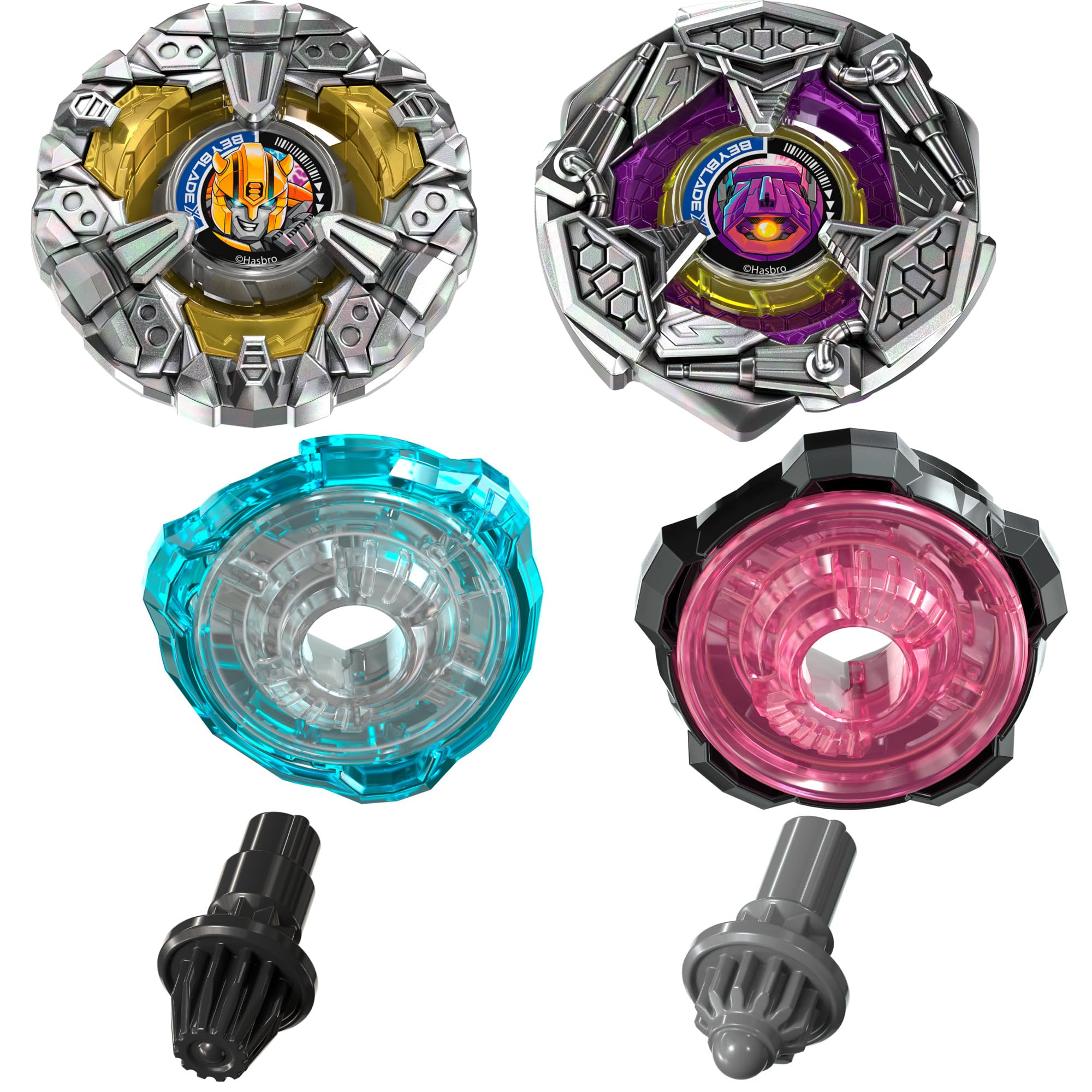 Beyblade X and Transformers Collab, Bumblebee 3-60GP vs. Shockwave 5-80O, 2 Takara Tomy Tops, 2 Launchers, Battling Top Game Toys, Ages 8+ (Amazon Exclusive)