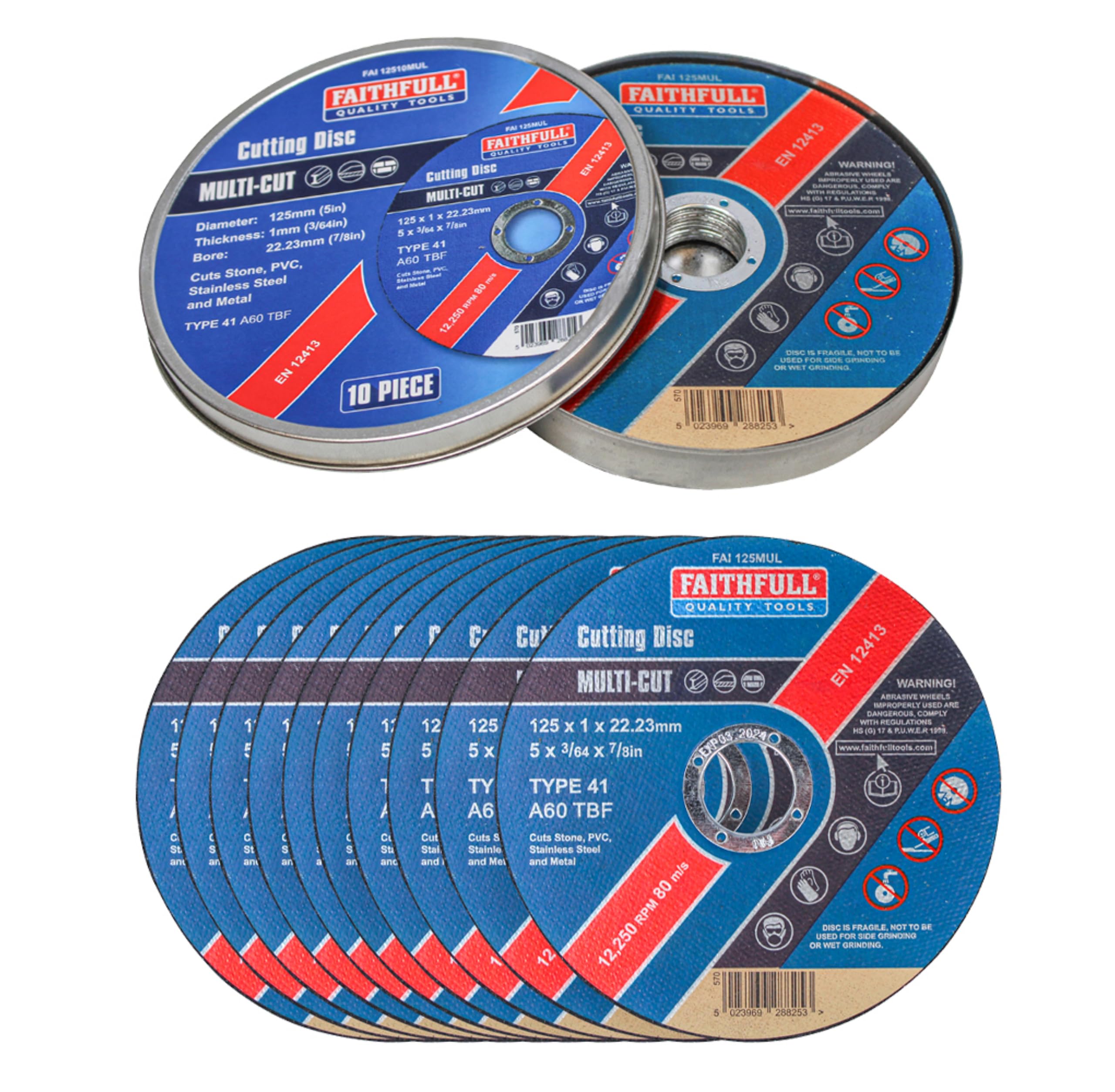 Faithfull Extra Thin 1mm Fast Cut Cutting Discs โ 125mm x 1mm x 22.23mm (5 inch) Multi-Cut Disc, 10 Pack with Storage Tin
