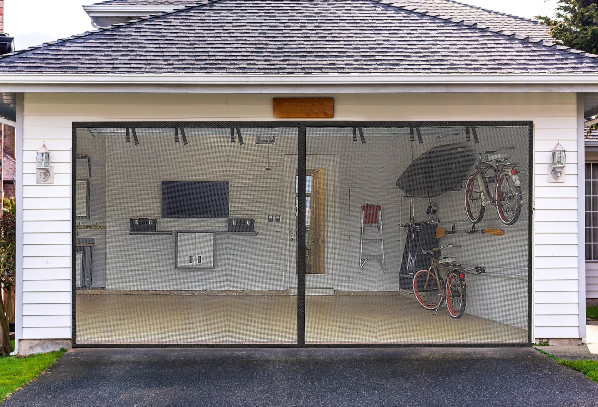 Elytsemoh Garage Screen Doors for 2-Car Garage -16x7FT, Fiberglass, Black