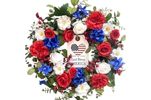 Idyllic 4th of July Wreath Patriotic Wreath Independence Day Wreath for Front Door, Red White and Blue Flower Wreath Memorial Day Wreaths Independence Day Wreath for Front Door Wall Window Decor
