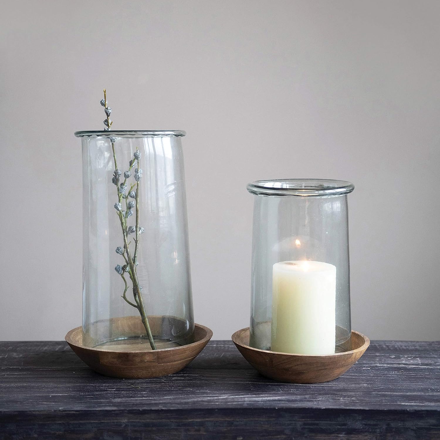 Creative Co-Op Glass Hurricane with Wood Base, Set of 2 (Holds 8" Pillar) Vase, Clear, 2: Home & Kitchen