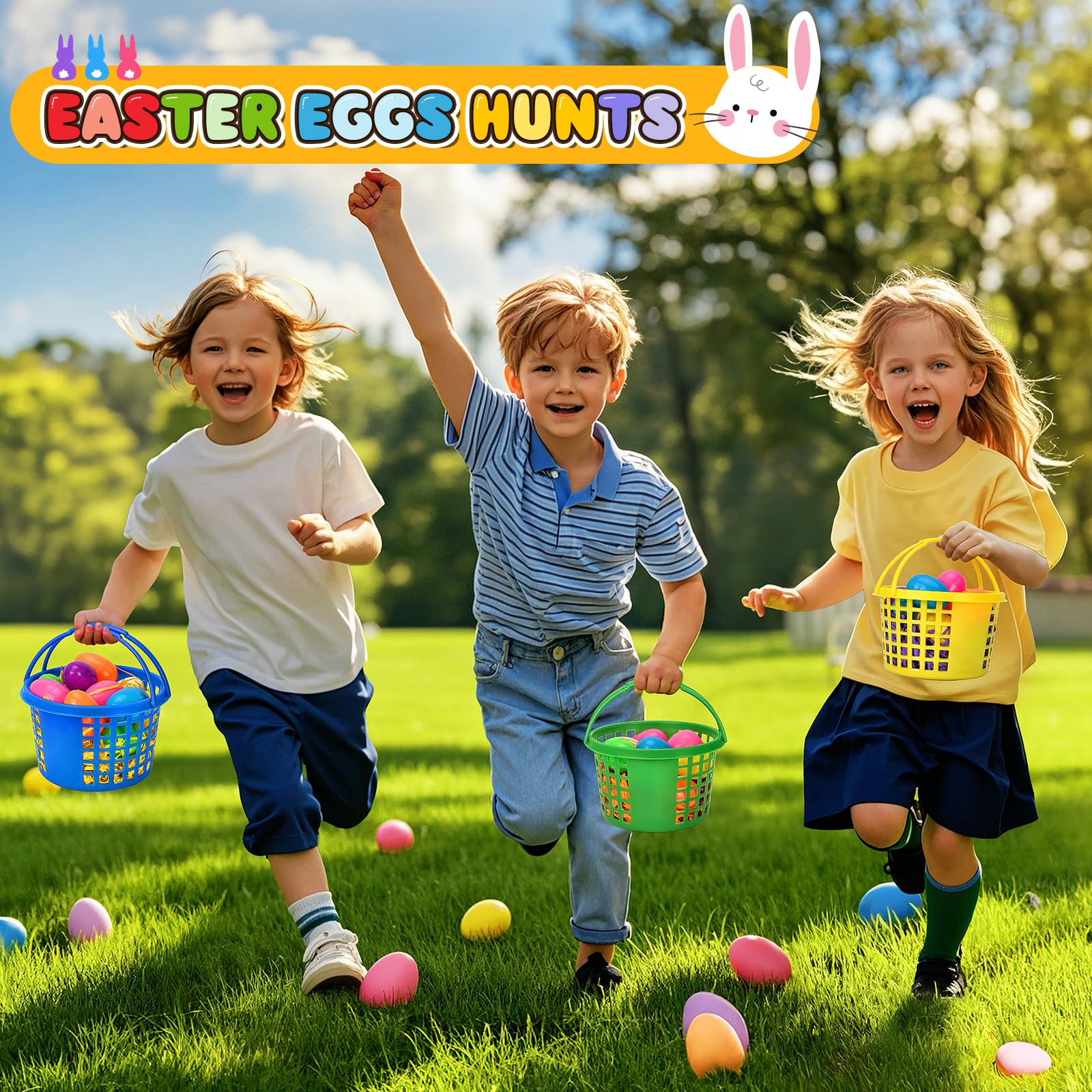 Evoio Easter Baskets in Bulk for Kids 24 PCS Plastic Easter Basket Bucket for Eggs Hunts Game, Classroom Eggs Collecting Baskets with 6 Color Raffia Paper Grass Filler Basket for Kids Egg Hunts Party