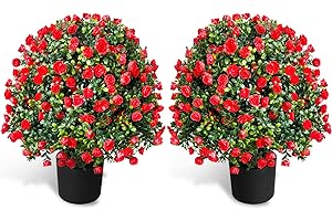 WAYNHUI Tall Artificial Lavender/Rose Topiary Ball Tree Set of 2 Pack Potted Bushes UV Resistant Potted Plants for Indoor Outdoor Home Garden (Rose)