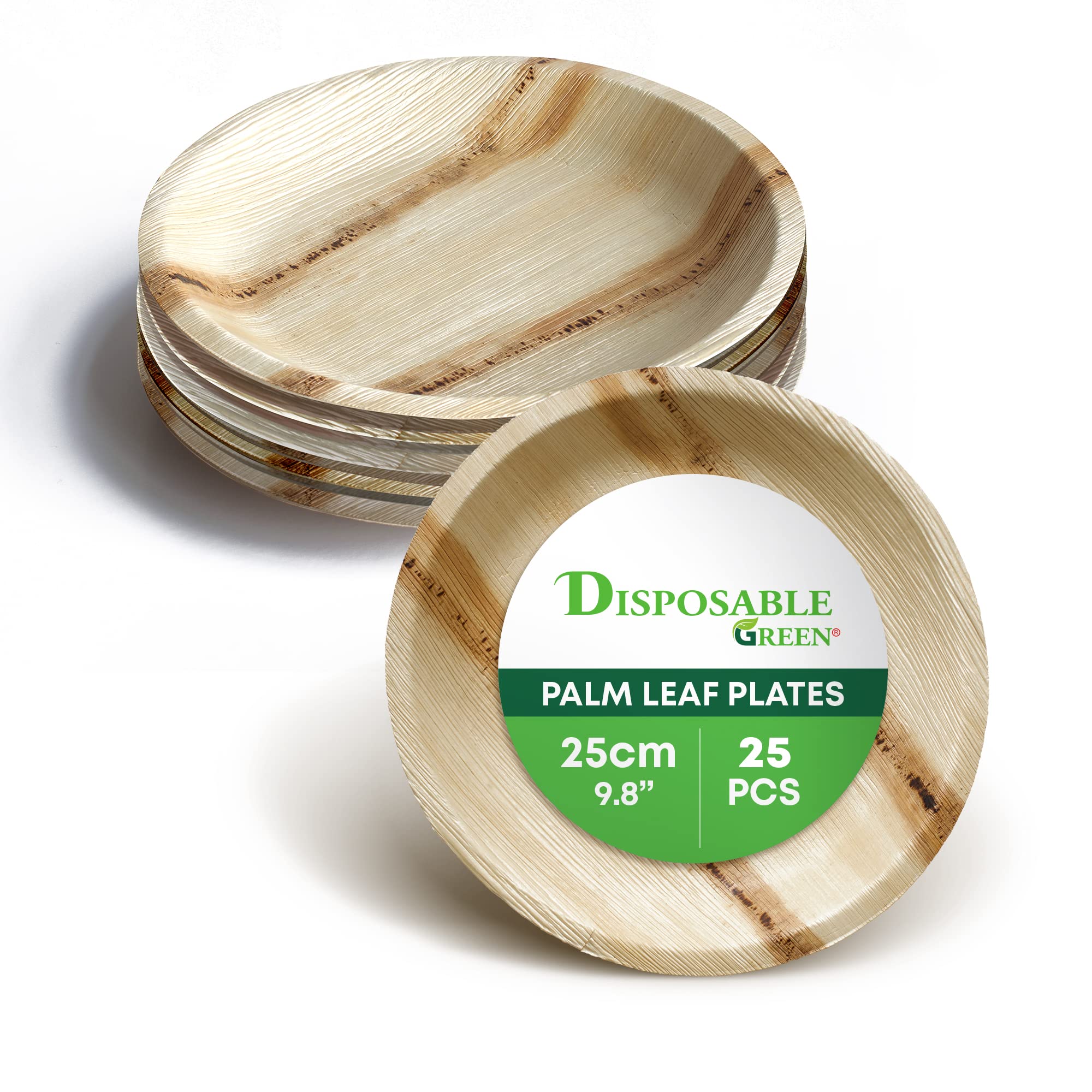 DISPOSABLE GREEN – Round Disposable Plates, Areca Leaf Serving Plates, Dinner Plates for Parties, Weddings, Catering, & More, Disposable Plates for Hot Food & Cold Food, 25 x 2.5cm, 25-Pcs