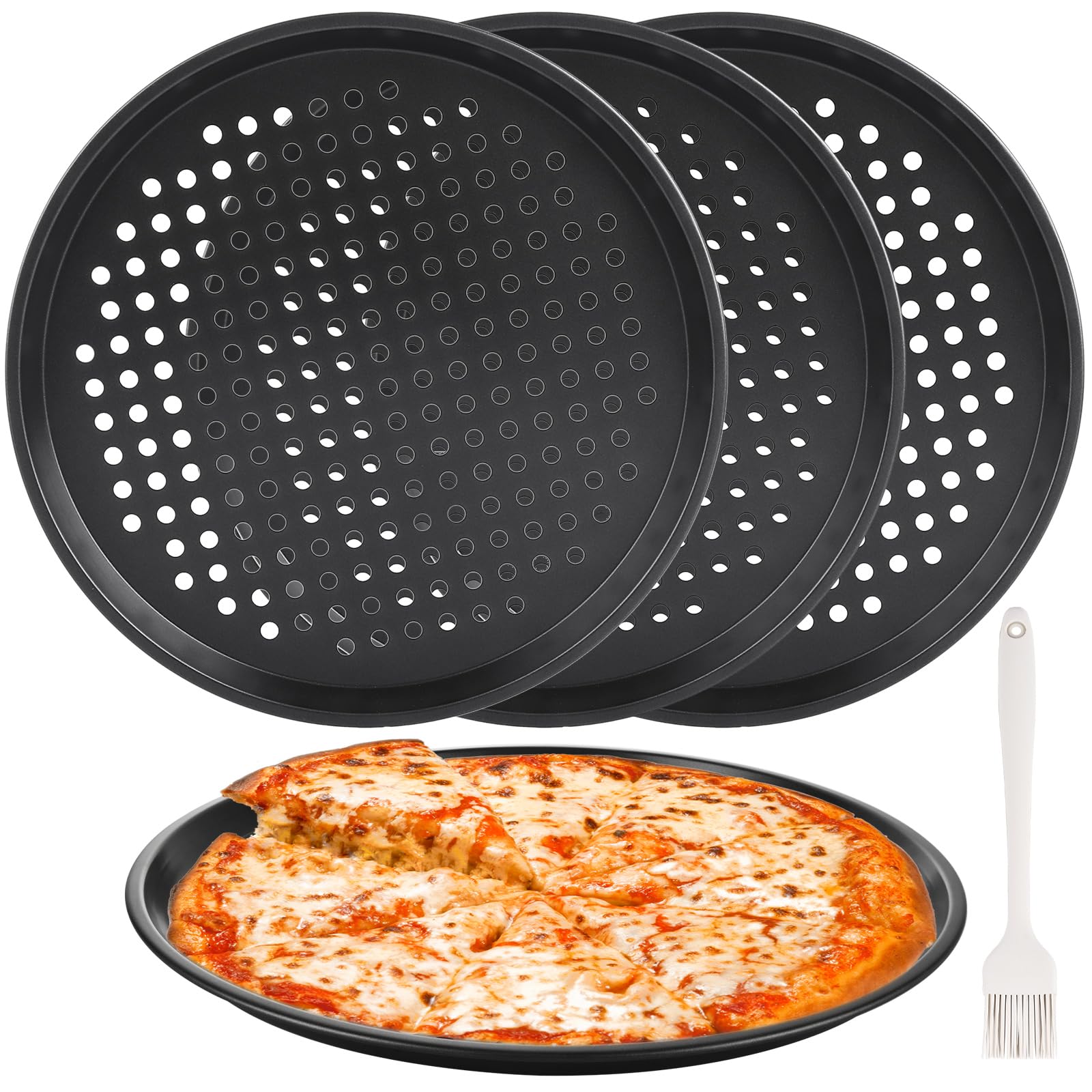 Oungy 4 PCS Pizza Tray, 12 Inch Carbon Steel Non-Stick Pizza Oven Trays, Round Perforated Pizza Dough Tray Pans for Oven, Baking, Roasting