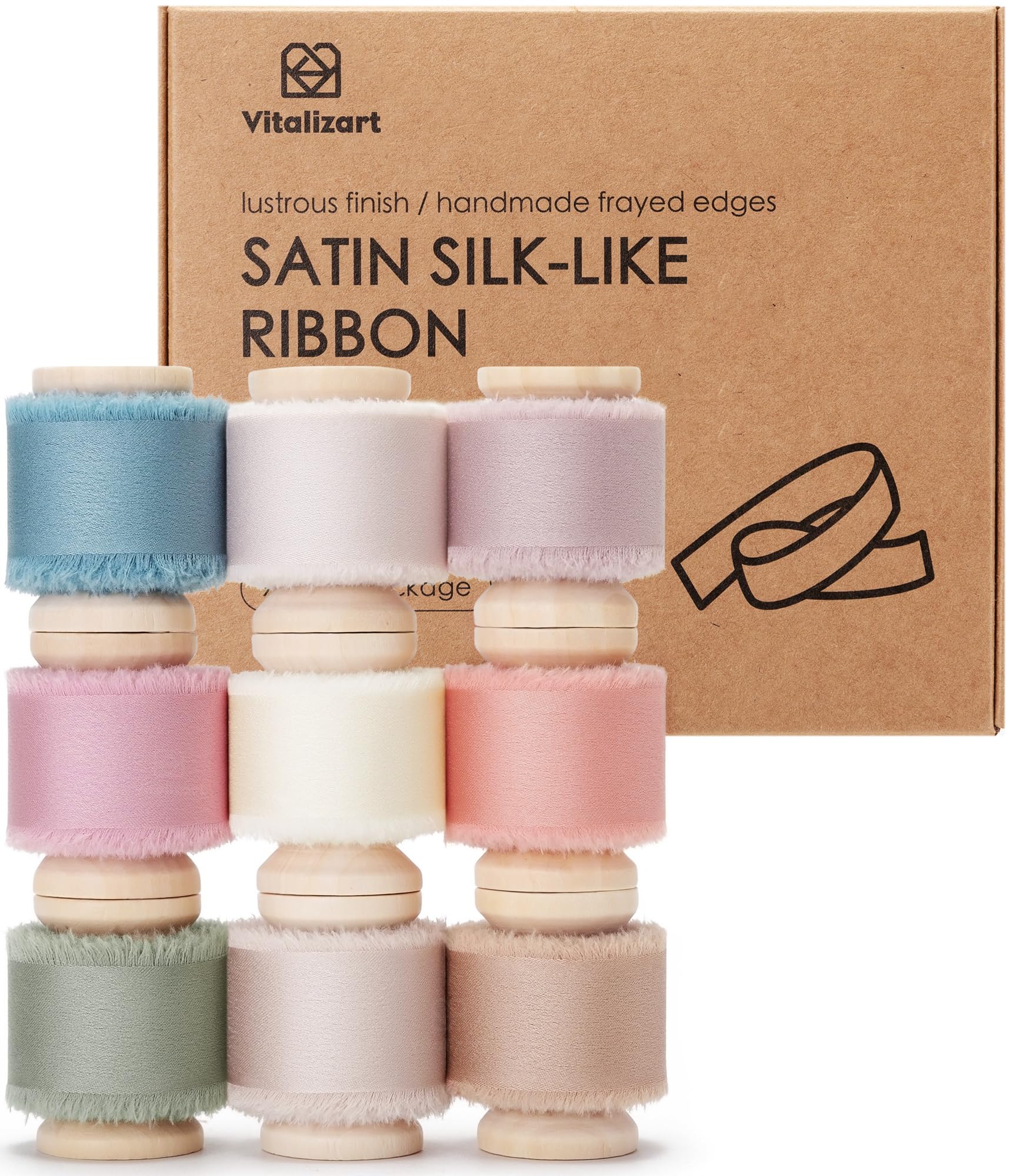 Vitalizart Silky Satin Ribbon 1 Inch x 45 Yard Wooden Spool, Assorted Colours Handmade Frayed Ribbon for Gift Wrapping Baby Shower Wedding Bridal Bouquets Holiday Decor Mixed 9 Colours