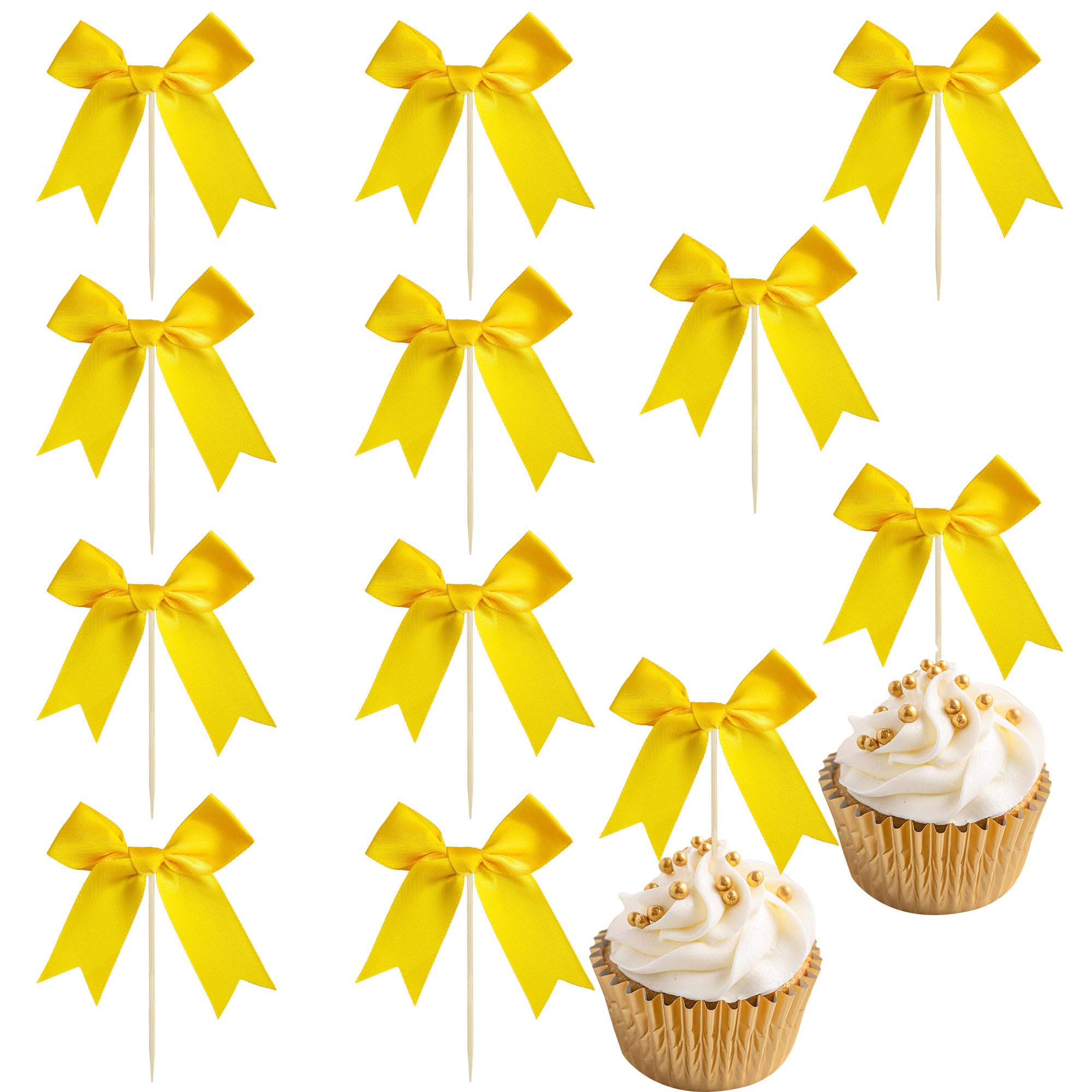 Ephlyn 24Pcs Yellow Bow Cupcake Toppers Bow Cake Topper Birthday Decorations Mini Bowknot Cupcake Picks for Coquette Theme Party Decoration Bachelorette Bridal Engagement Wedding Party Yellow