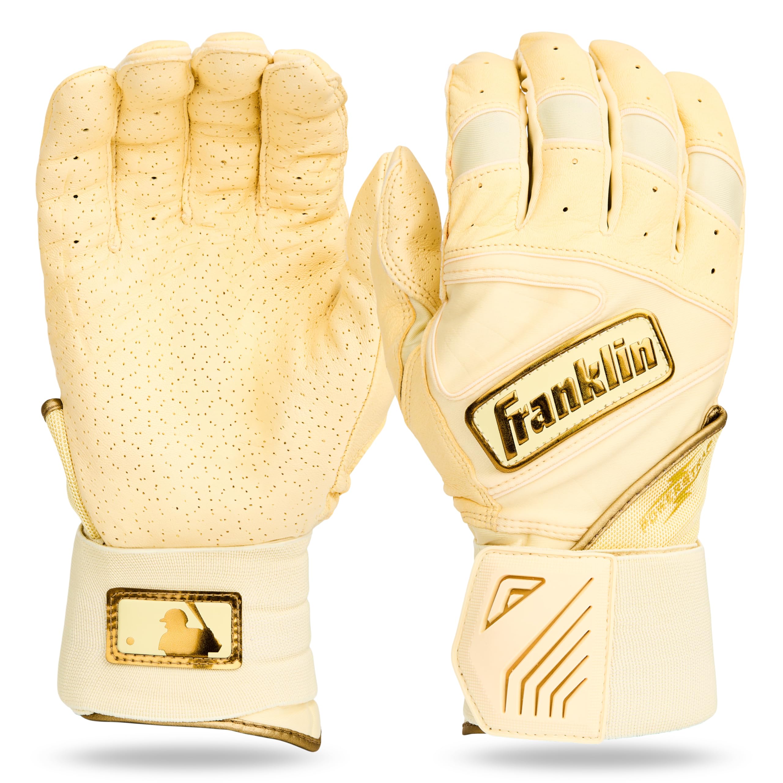 Franklin Sports MLB Batting Gloves - Infinite Powerstrap Baseball + Softball Batting Gloves - Durable Full Wrap Cage Practice Gear - Long Cuff Wrist + Heavy Duty Leather - Vanilla/Gold - Adult Small Image