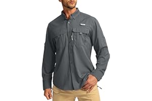 PUDOLLA Men's Sun Protection Fishing Shirts Long Sleeve Travel Work Shirts for Men UPF50+ Button Down Shirts with Zipper Pockets