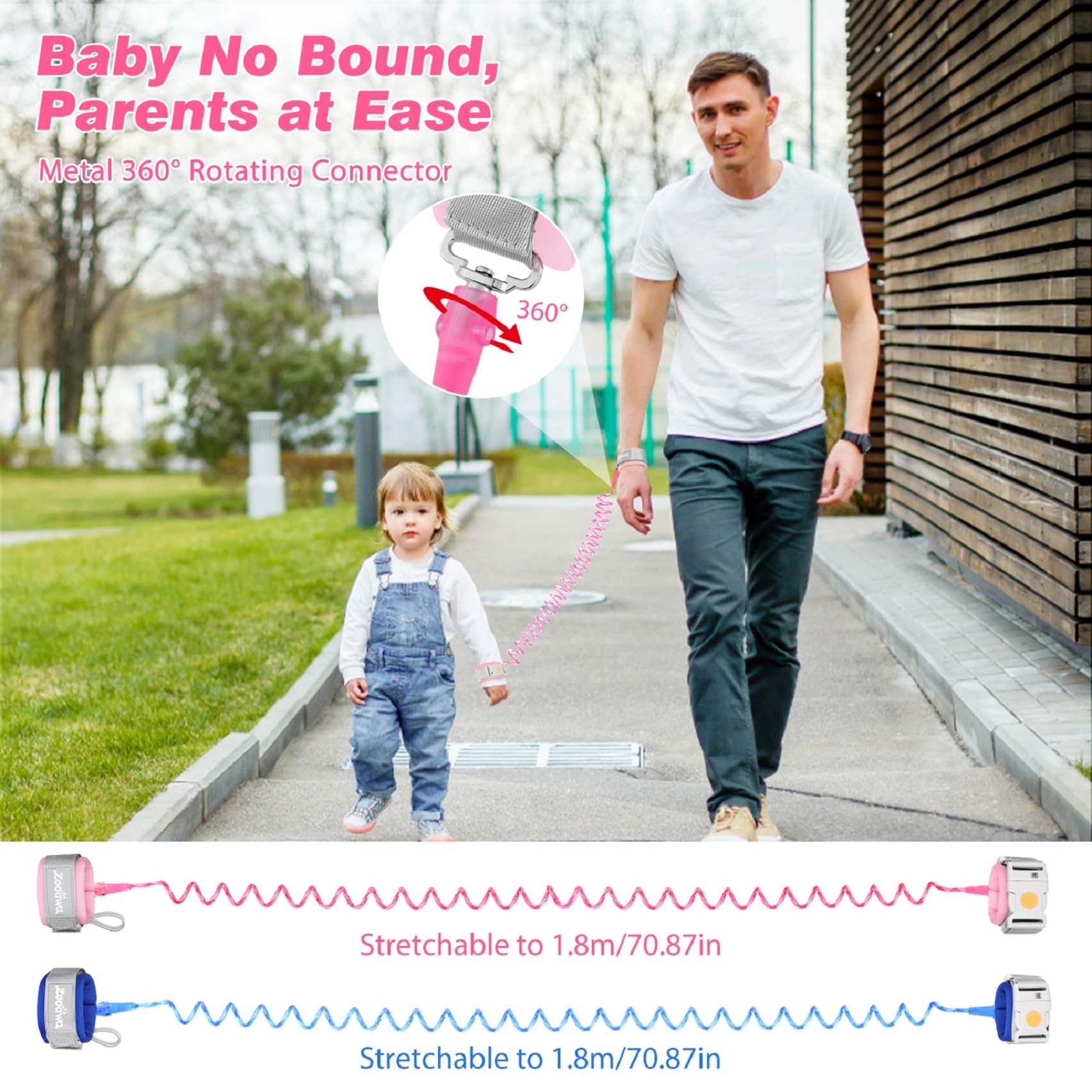 Zooawa Toddler Leash 2Pack, Toddler Kids Harness Anti Lost Wrist Link with Magnetic Lock, Reflective Safety Walking Harness Wristband Leashes for 2,3,4 Years Old Boys Girls, Blue+Pink