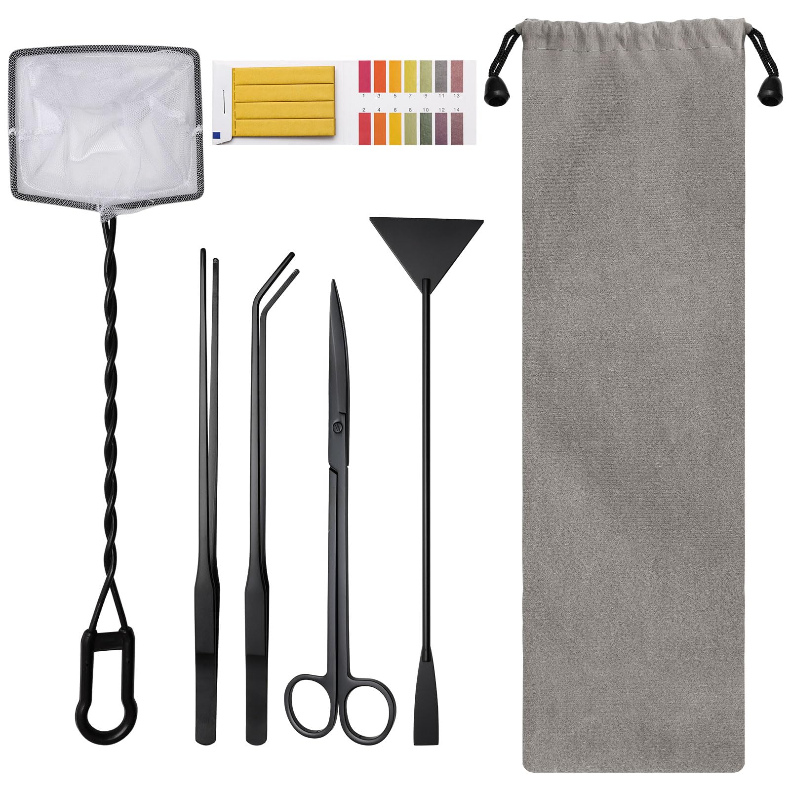 Coolrunner 6 in 1 Aquatic Plant Aquascaping Tool Stainless Steel Tweezers Scissors Spatula for Fish Tank Clean Aquascape Tools Sets with Fishing net, 80p PH Paper(Black)