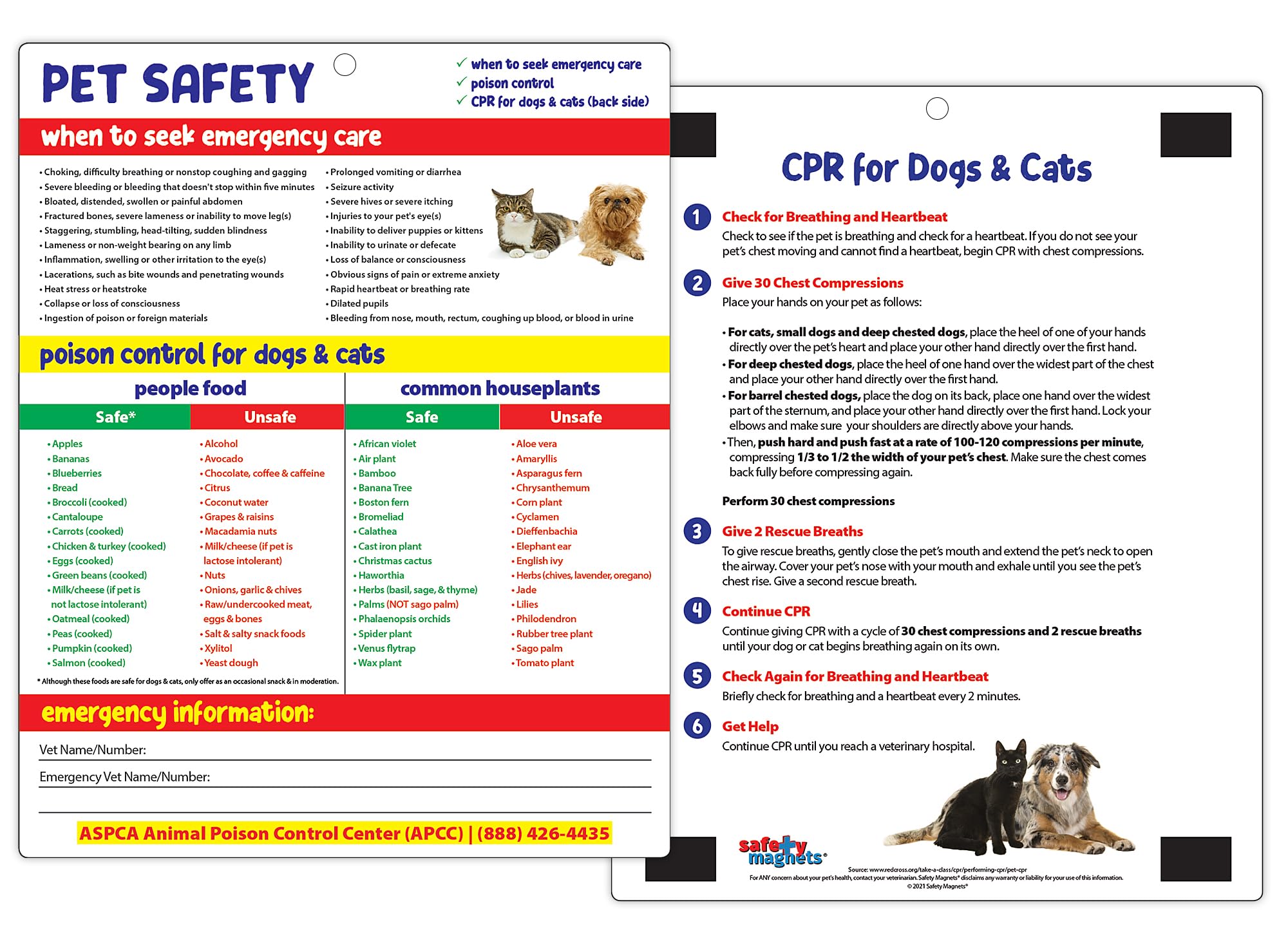 Safety Magnets by ZOCO – Pet Safety Fridge Magnet – Cat & Dog CPR – Safe & Toxic Foods & Plants Chart – Pet Sitter Emergency Supplies – 8.5x11 Laminated Quick Reference Card