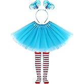 SOMSOC 3 Pieces Tulle Tutu Costume Set Tutus Skirts Feathers Ponytail Headband High Stocking for Halloween Cosplay