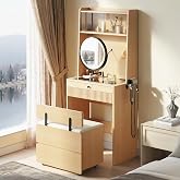 IRONCK Small Vanity Desk with LED Mirror, Glass Top &amp; Storage Stool | 26-inch oak vanity, adjustable mirror arm, 3 light modes, 2 drawers, charging station, tuck-away storage stool.