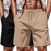 Neer 2 Pack Men's Big and Tall Linen Shorts, Casual Elastic Waist Beach Shorts Summer Drawstring Wears with Pockets