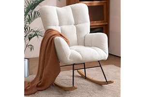 Ugijei Nursery Rocking Chair, Teddy Upholstered Glider Rocker with High Backrest Armchair, Modern Rocking Accent Chairs for Nursery, Living Room, Bedroom, Offices (Ivory)