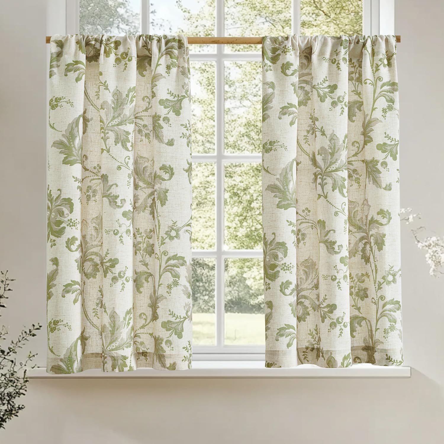Photo 1 of jinchan Linen Kitchen Curtains 36 Inch Vintage Gray Floral Tier Curtains Farmhouse Cottage Cafe Rod Pocket Country Small Window for Laundry Room Bathroom RV 2 Panels Green on Beige
