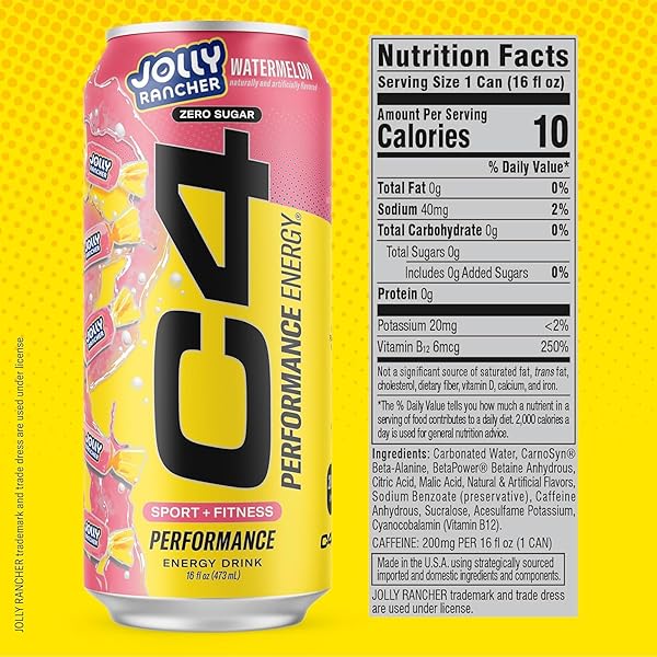 C4 PERFORMANCE ENERGY DRINK, JOLLY RANCHER VARIETY PACK, ZERO SUGAR CARBONATED PREWORKOUT ENERGY, 200MG CAFFEINE WITH BETA ALANINE, 16 FL OZ (12 PACK)